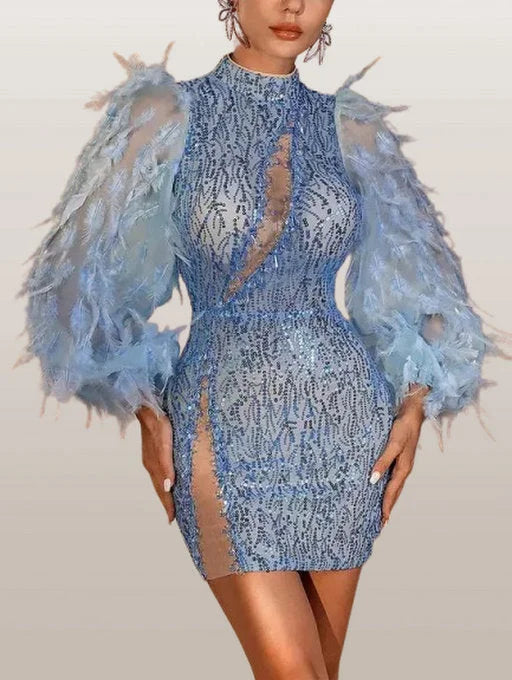 Blue Feather Puff-Sleeve Embellished Mini Dress - Large - Dresses