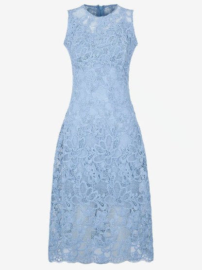 Blue Floral Lace Sleeveless Midi Dress - Dresses