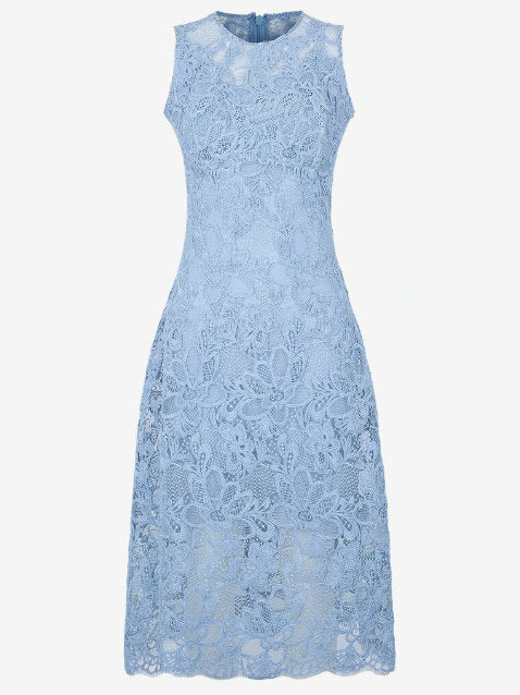 Blue Floral Lace Sleeveless Midi Dress - Dresses
