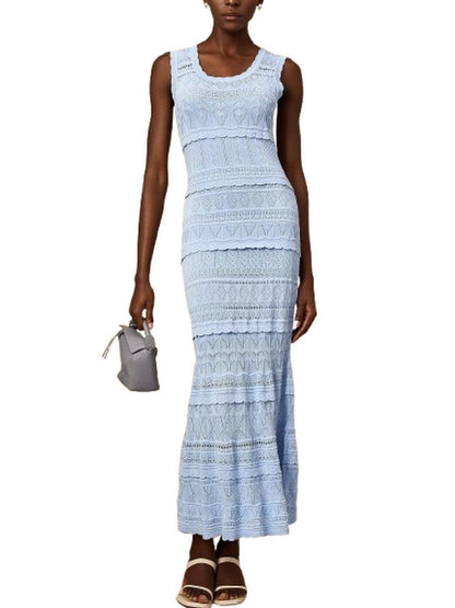 Blue Knit Long Flared Tank Dress - Dresses