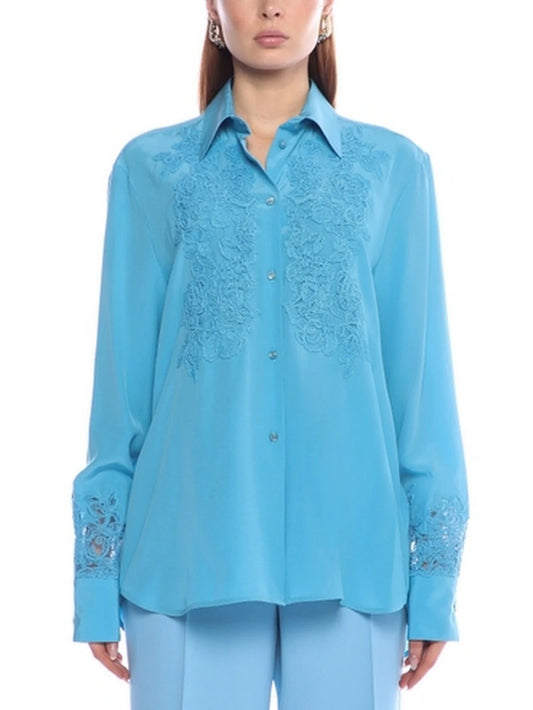 Blue Lace Detailed Silk Shirt - S - Tops