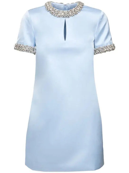 Blue Satin Embellished Mini Dress - Dresses