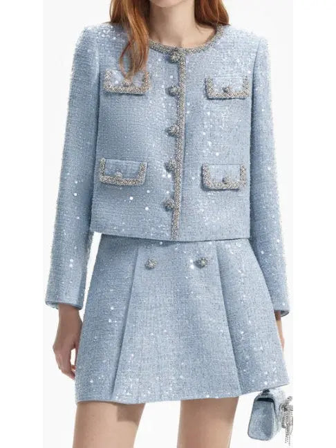 Blue Sequin Boucle Jacket and Skirt Set - small - Suits & Sets