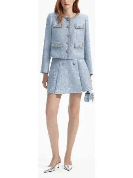 Blue Sequin Boucle Jacket and Skirt Set - Suits & Sets