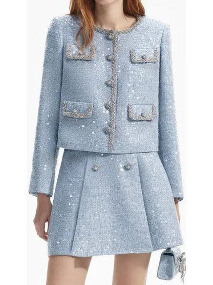 Blue Sequin Boucle Jacket and Skirt Set - Suits & Sets