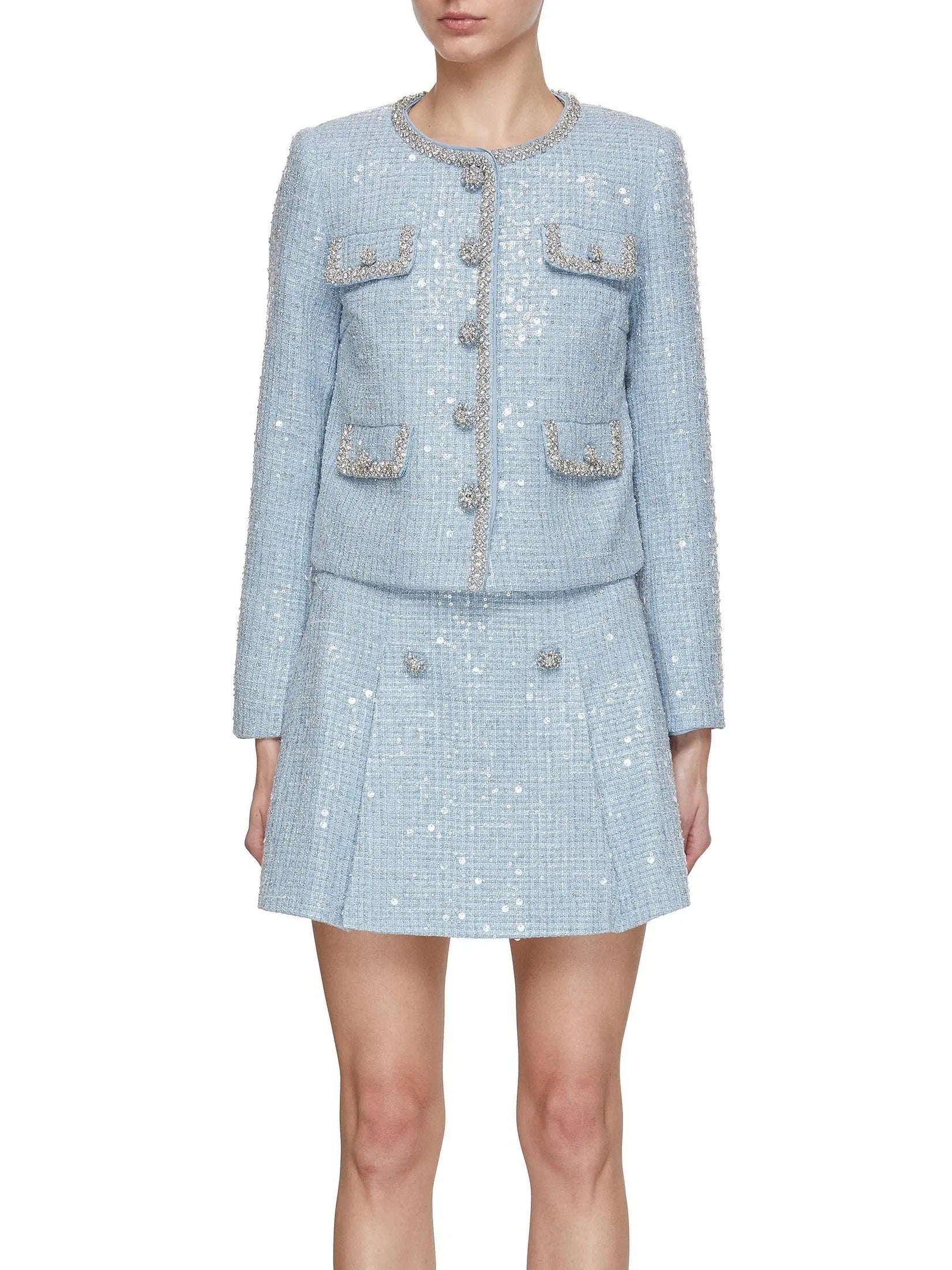 Blue Sequin Boucle Jacket and Skirt Set - Suits & Sets