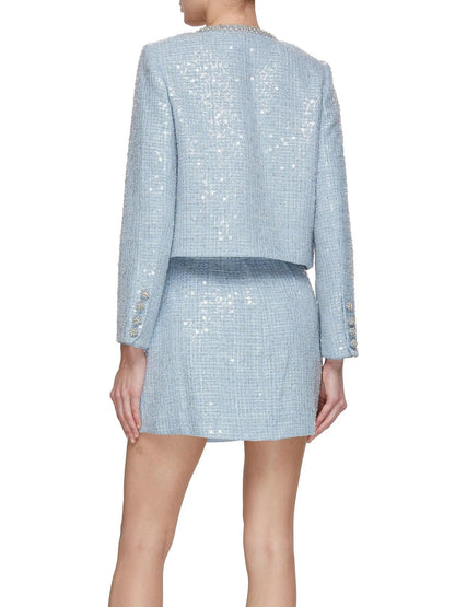 Blue Sequin Boucle Jacket and Skirt Set - Suits & Sets