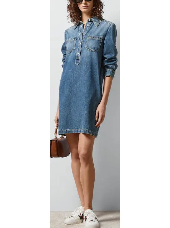 Blue Stone Bleached and Washed Organic Denim Dress - Dresses