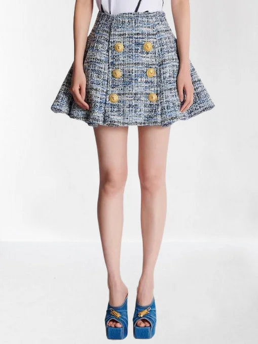 Blue Toned Flared Tweed Mini Skirt - Skirts