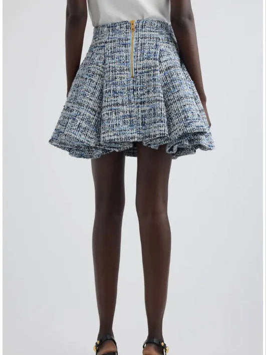 Blue Toned Flared Tweed Mini Skirt - Skirts