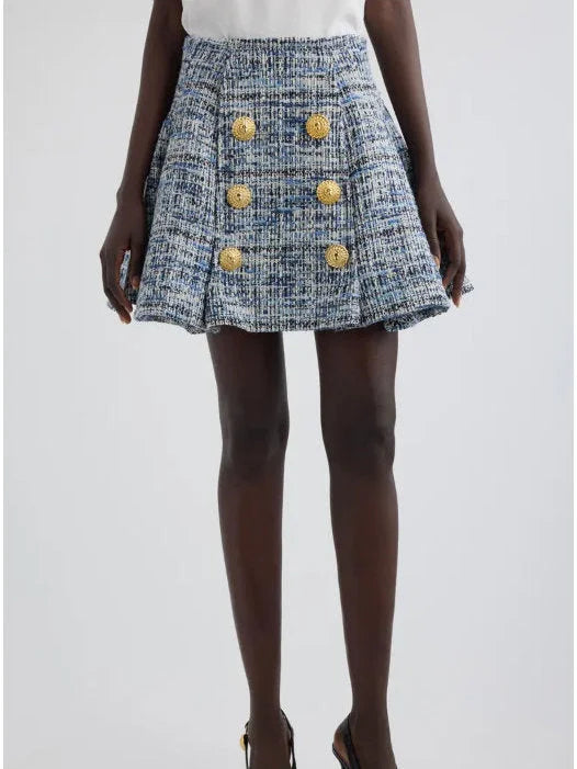 Blue Toned Flared Tweed Mini Skirt - Skirts
