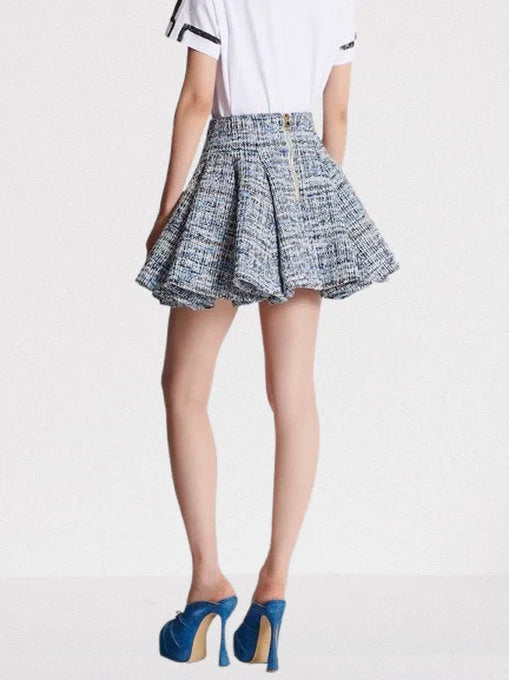 Blue Toned Flared Tweed Mini Skirt - Skirts