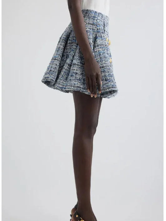 Blue Toned Flared Tweed Mini Skirt - Skirts