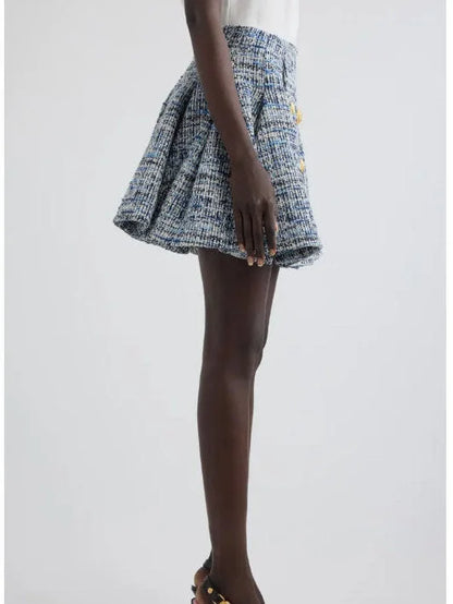 Blue Toned Flared Tweed Mini Skirt - Skirts