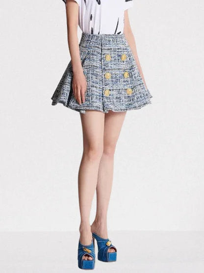 Blue Toned Flared Tweed Mini Skirt - Skirts
