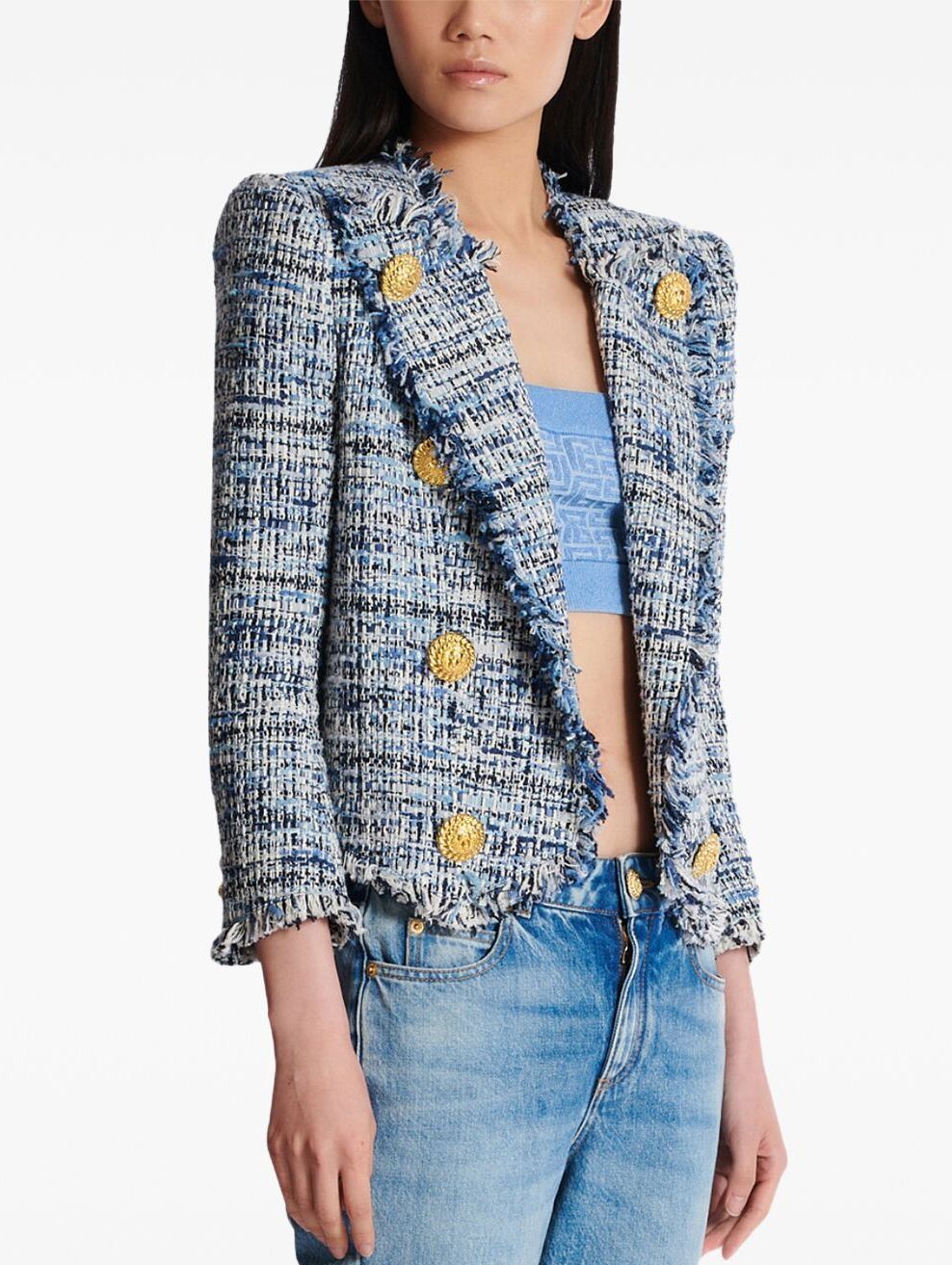 Blue Toned Frayed Tweed Cropped Jacket - Jackets