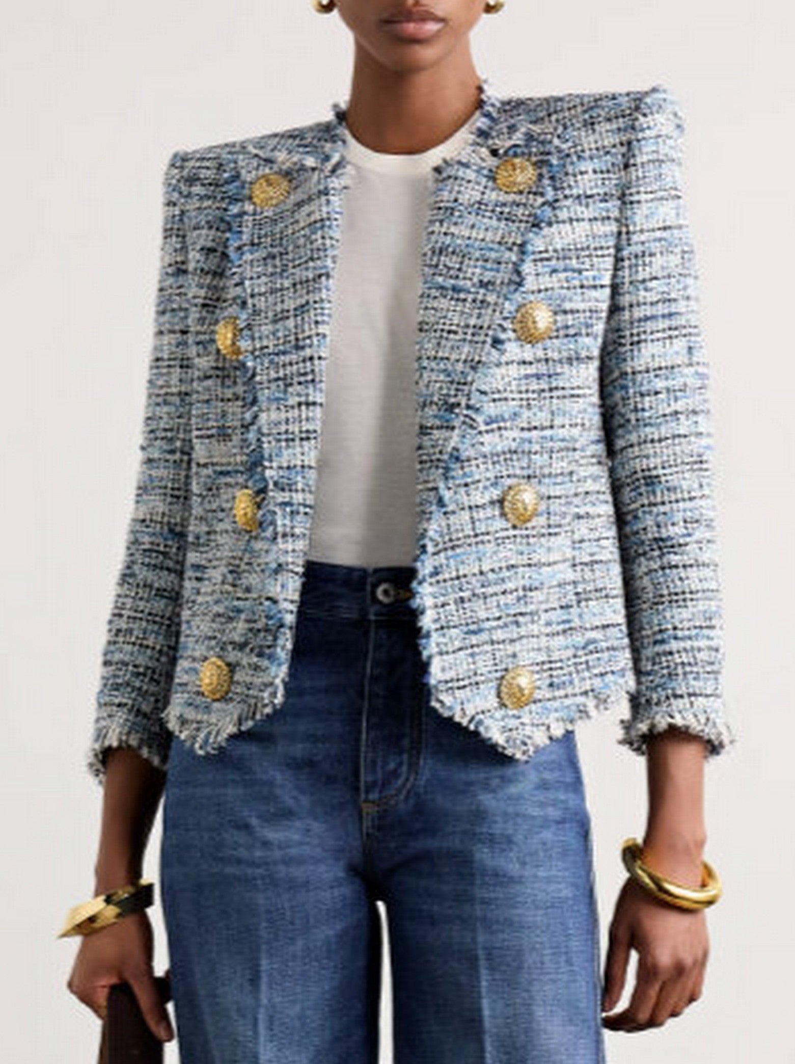 Blue Toned Frayed Tweed Cropped Jacket - Jackets