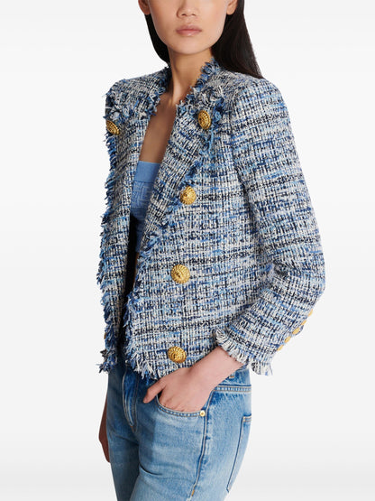 Blue Toned Frayed Tweed Cropped Jacket - Jackets