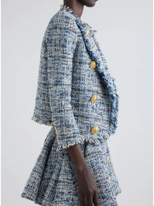 Blue Toned Frayed Tweed Cropped Jacket - Jackets