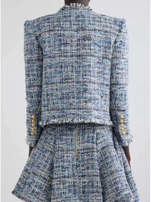 Blue Toned Frayed Tweed Cropped Jacket - Jackets