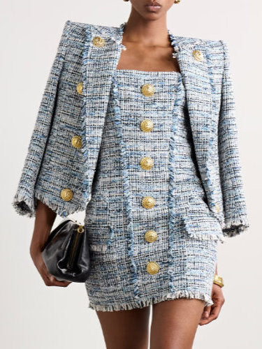 Blue Toned Frayed Tweed Cropped Jacket - Jackets