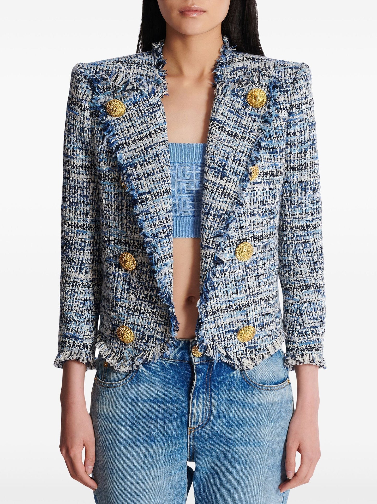 Blue Toned Frayed Tweed Cropped Jacket - Jackets