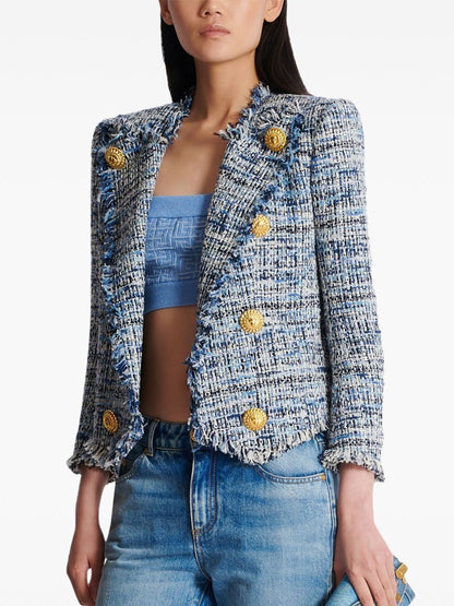 Blue Toned Frayed Tweed Cropped Jacket - Jackets