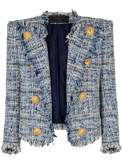 Blue Toned Frayed Tweed Cropped Jacket - Jackets