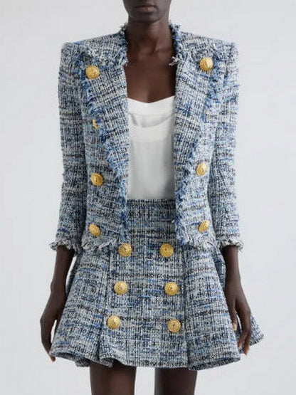 Blue Toned Frayed Tweed Cropped Jacket - Jackets