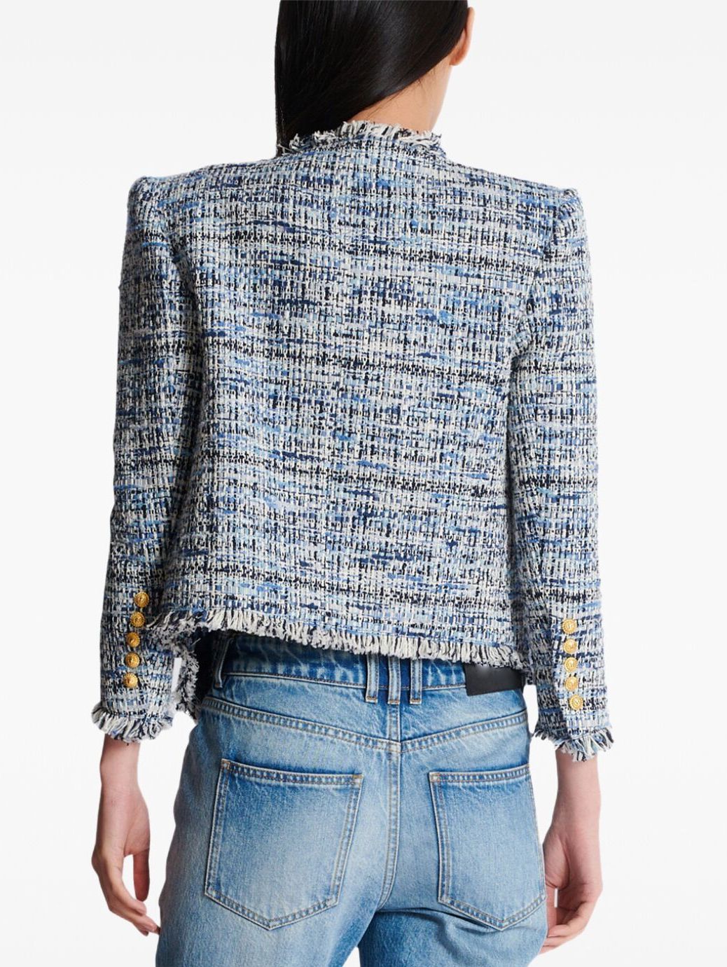 Blue Toned Frayed Tweed Cropped Jacket - Jackets