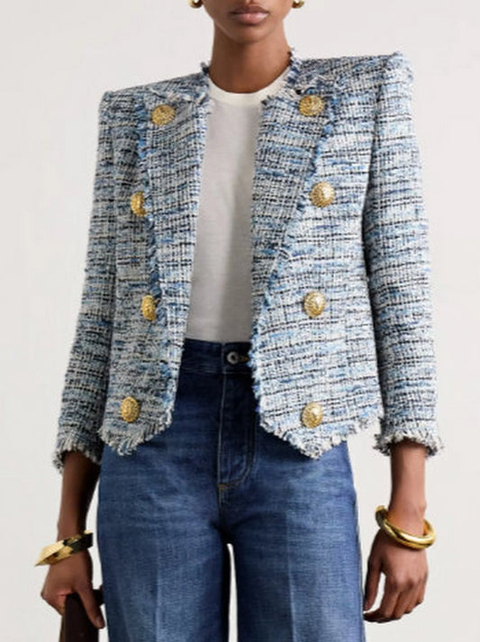 Blue Toned Frayed Tweed Cropped Jacket - Small - Jackets