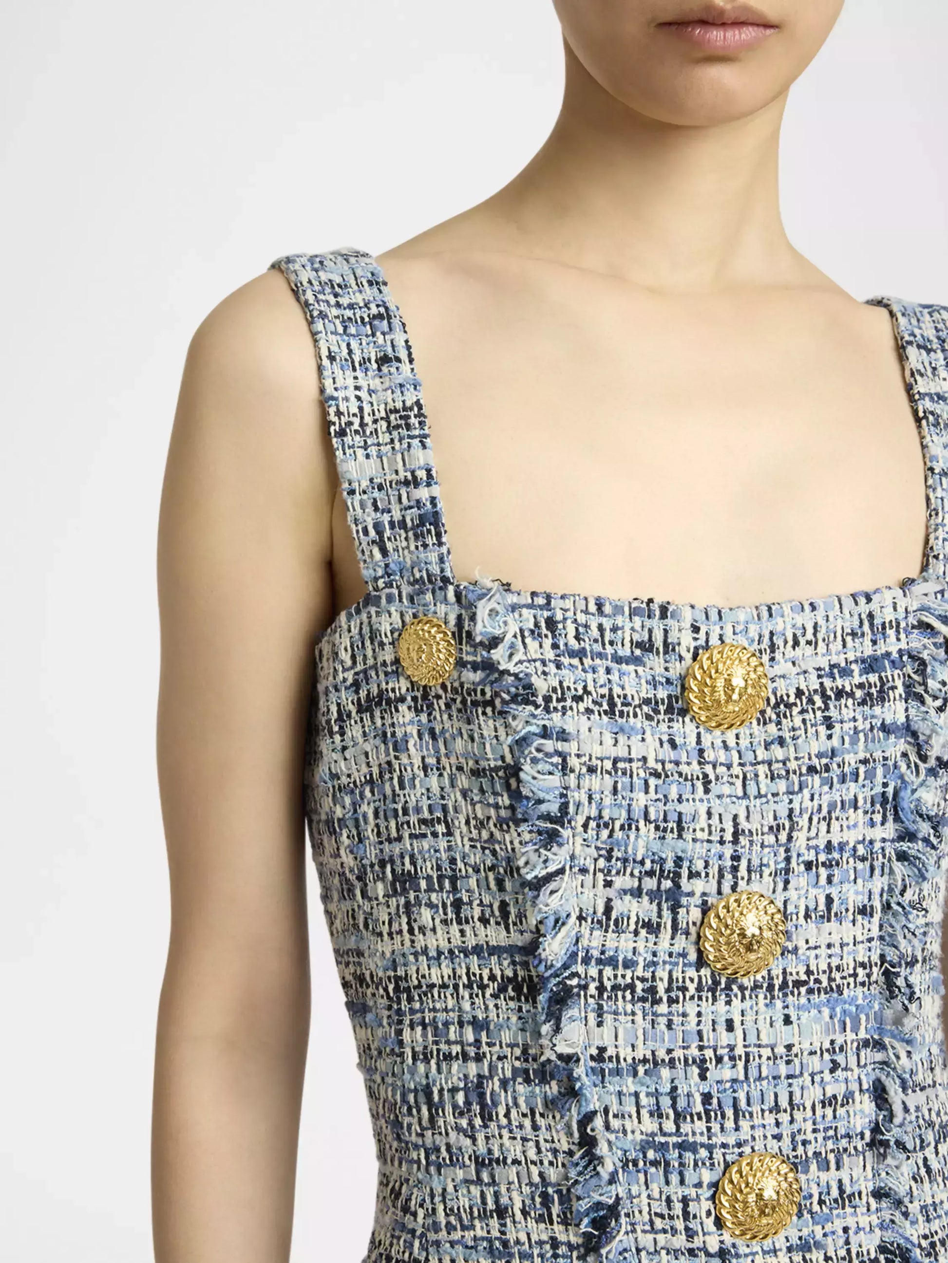 Blue Toned Frayed Tweed Mini Dress - Dresses