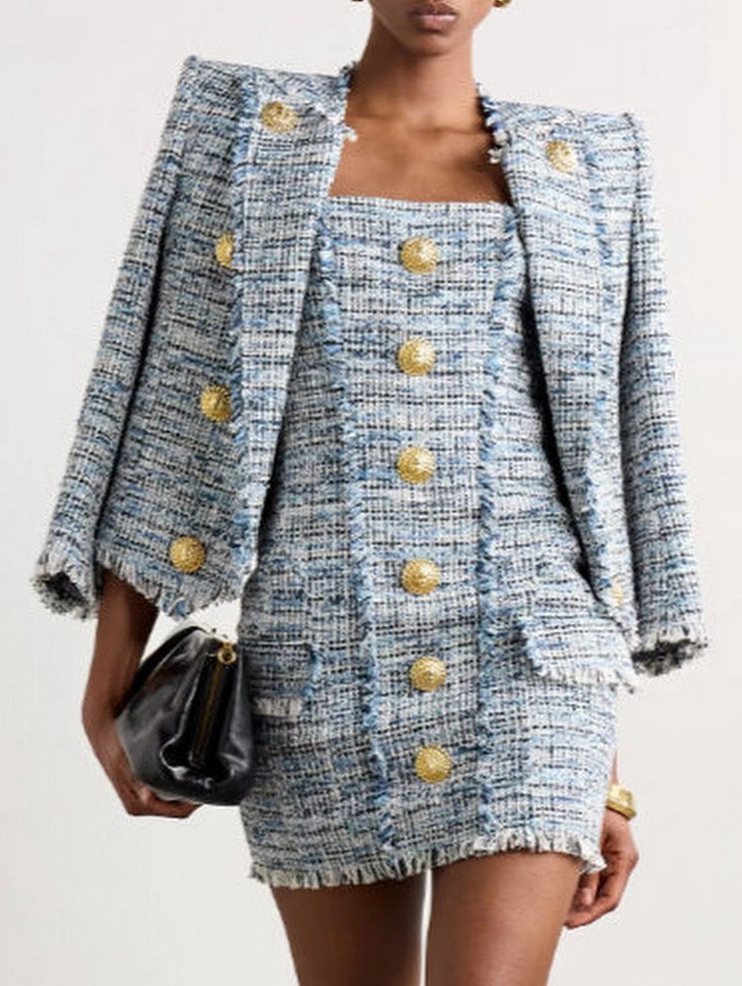 Blue Toned Frayed Tweed Mini Dress - Dresses