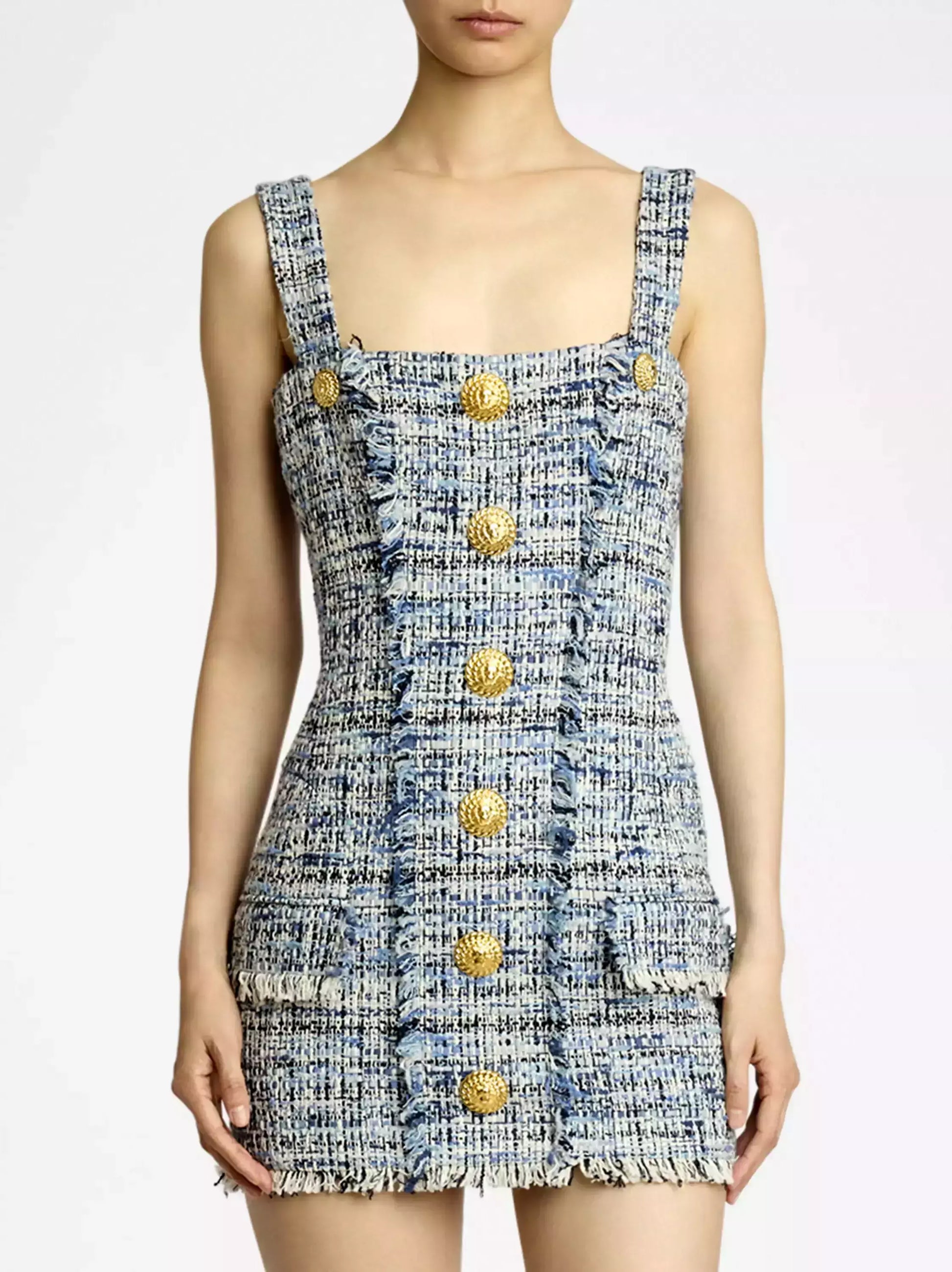 Blue Toned Frayed Tweed Mini Dress - Dresses