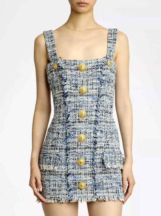 Blue Toned Frayed Tweed Mini Dress - Small - Dresses