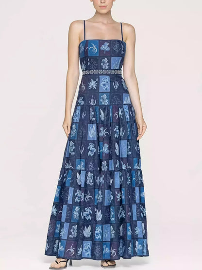 Blue Tropical Plant Printed Linen Maxi Dress - Dresses