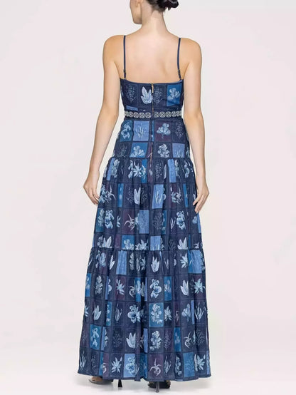 Blue Tropical Plant Printed Linen Maxi Dress - Dresses