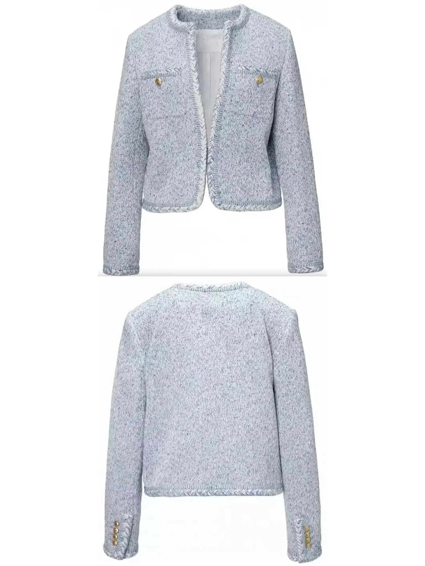 Blue Tweed Jacket with Braided-Trim - Jackets