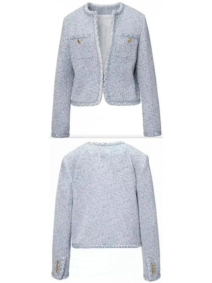 Blue Tweed Jacket with Braided-Trim - Jackets