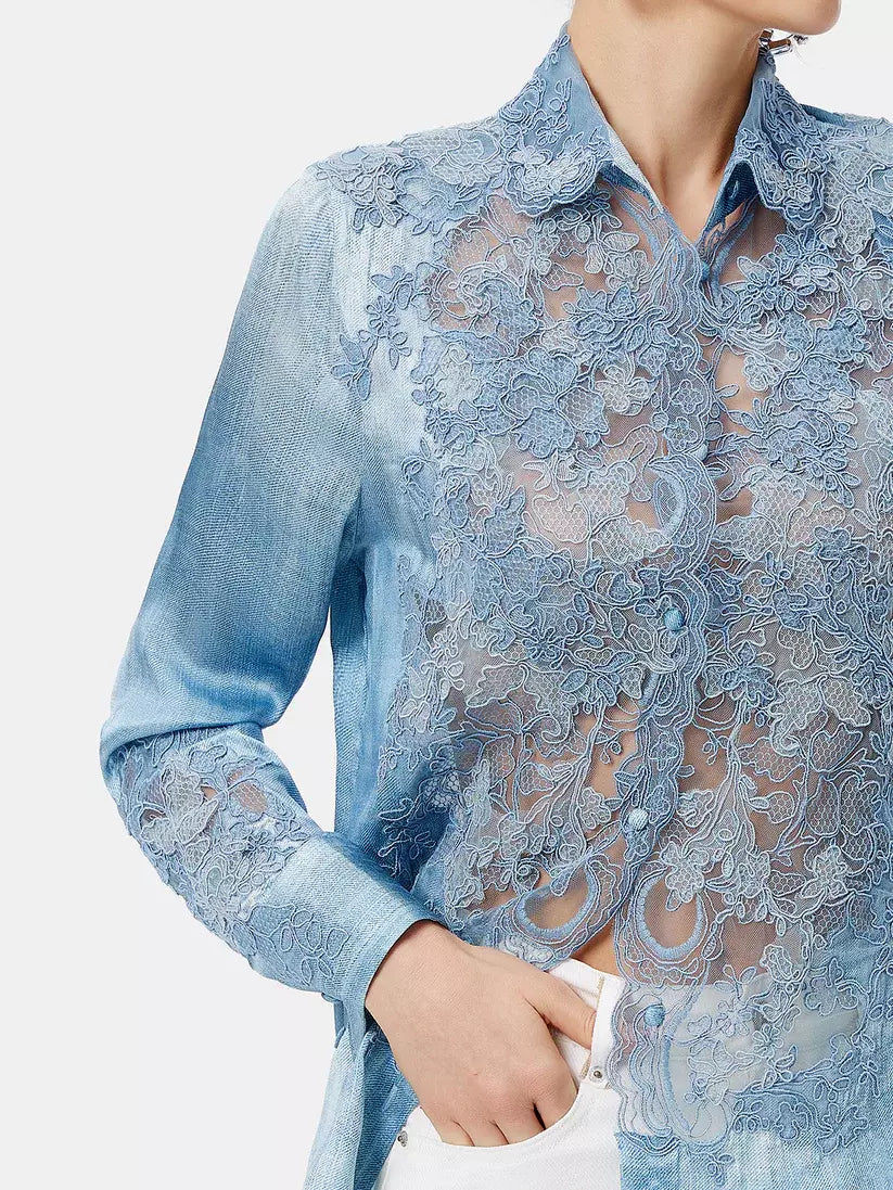 Blue lace-embellished blouse made of soft blue washed silk for a stylish look