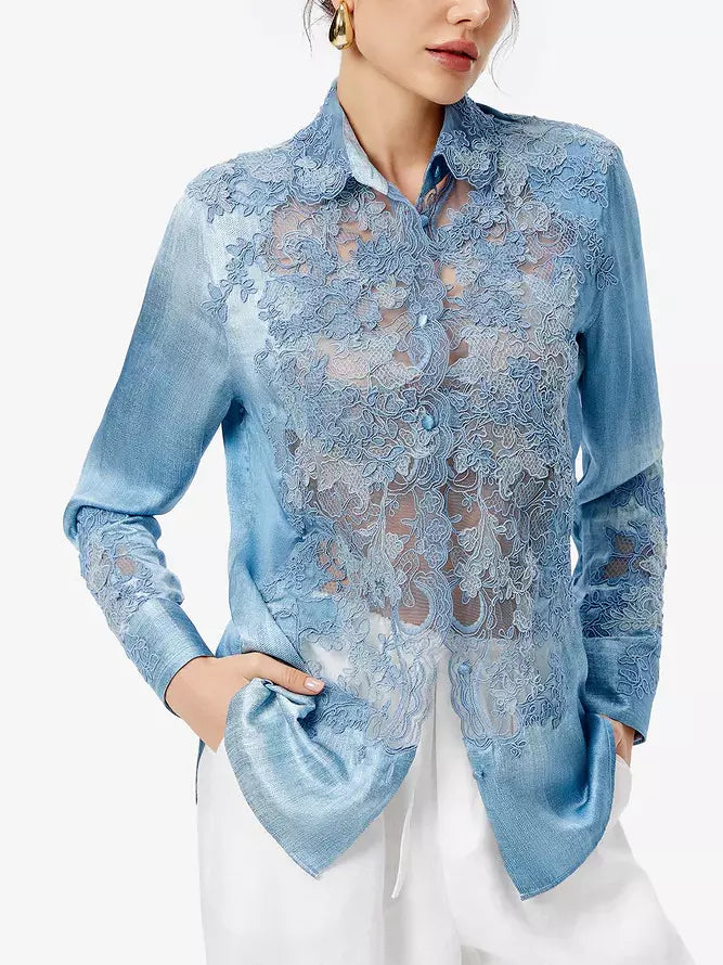 Blue washed silk blouse with lace embellishments for elegant style and comfort