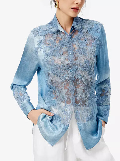 Blue washed silk blouse with lace embellishments for elegant style and comfort