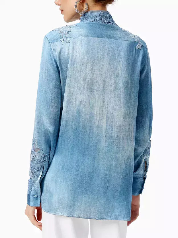 Blue embroidered long-sleeved blouse in blue washed silk with lace panels