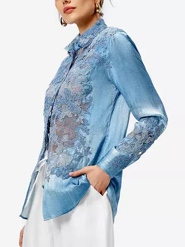 Blue Washed Silk and Lace-Panel Blouse featuring delicate blue lace embellishments