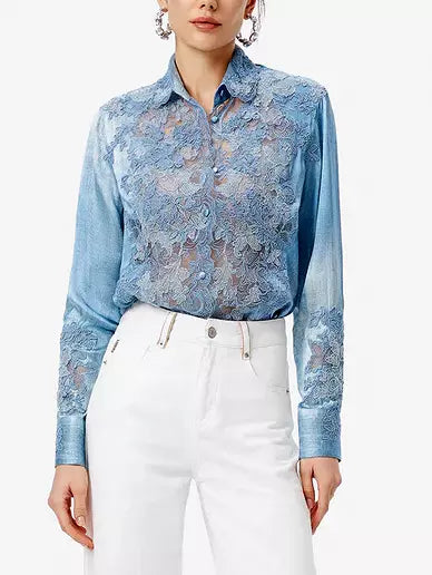 Blue Washed Silk and Lace-Panel Blouse with elegant blue lace embellishments