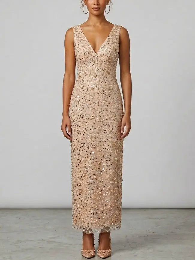 Blush Nude Embellished Sequin Maxi Dress with V-Neck - Dresses
