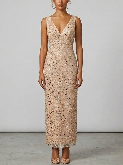 Blush Nude Embellished Sequin Maxi Dress with V-Neck - Dresses