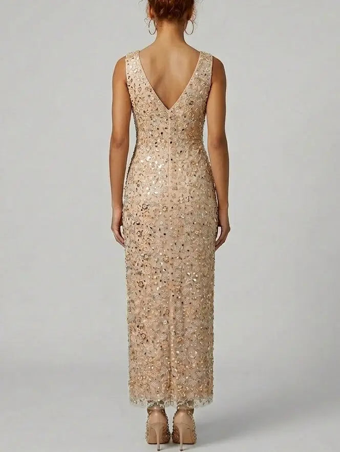 Blush Nude Embellished Sequin Maxi Dress with V-Neck - Dresses