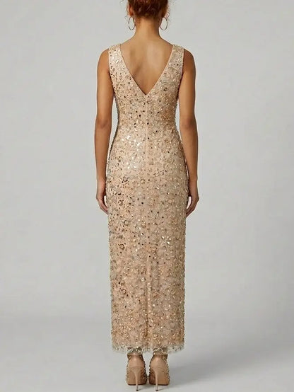 Blush Nude Embellished Sequin Maxi Dress with V-Neck - Dresses