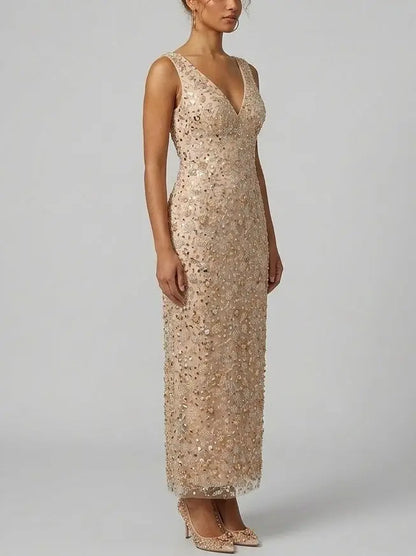 Blush Nude Embellished Sequin Maxi Dress with V-Neck - Dresses